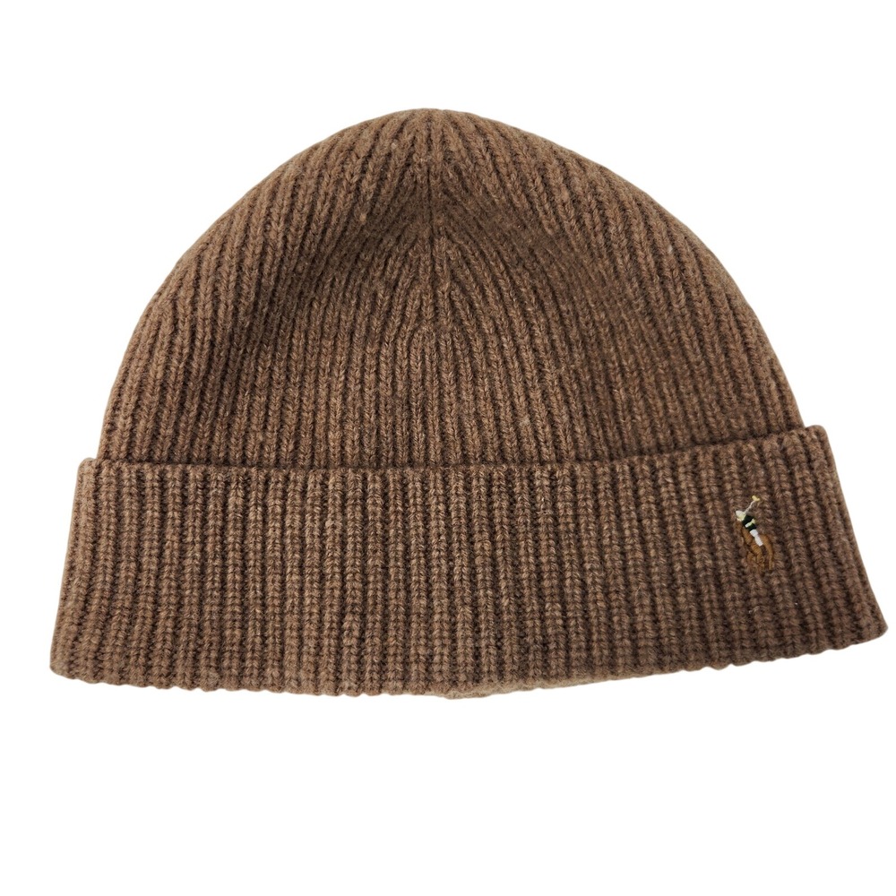 Polo Ralph Lauren Brown Ribbed Knit Cuffed Beanie Hat Embroidered Pony Logo